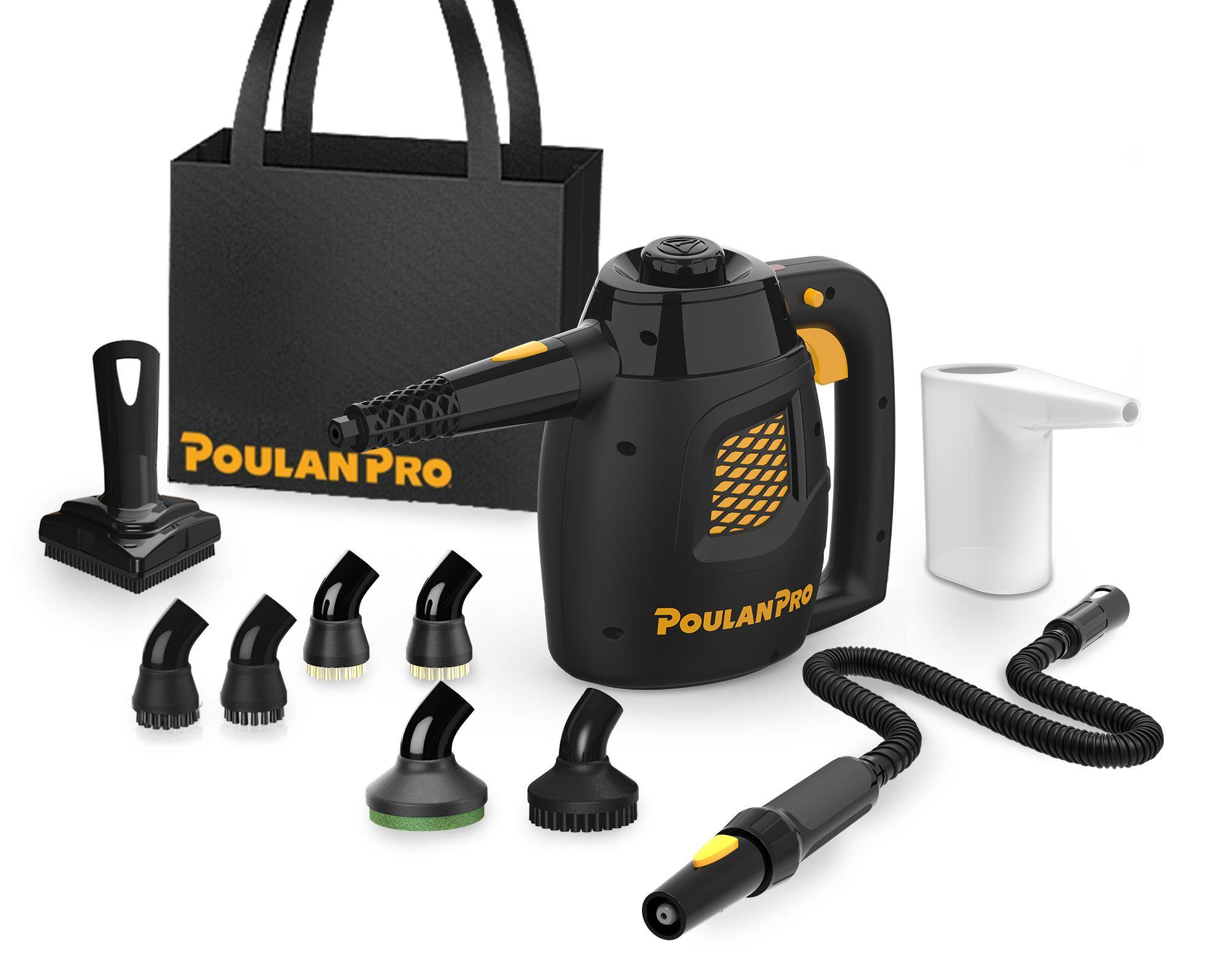 Image showing PP230 from the side and highlighting product accessories: 4  different brushes, carrying tote, triangle brush head, beaker for measuring and pouring the water, insulated hose and jet nozzle.

