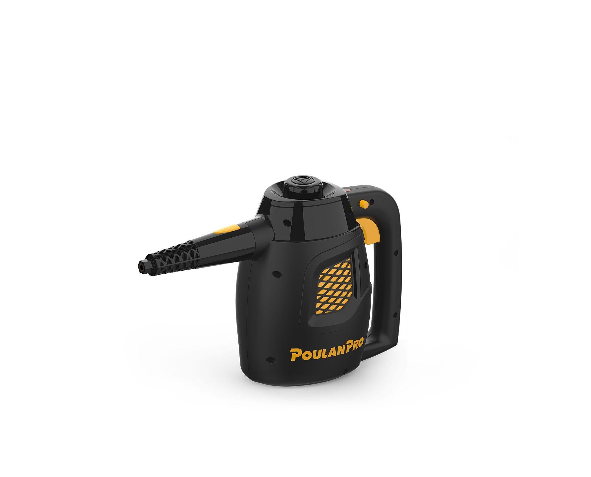 Image of the Poulan Pro PP230 Handheld steam cleaner from the front-right angle showing the steam trigger.