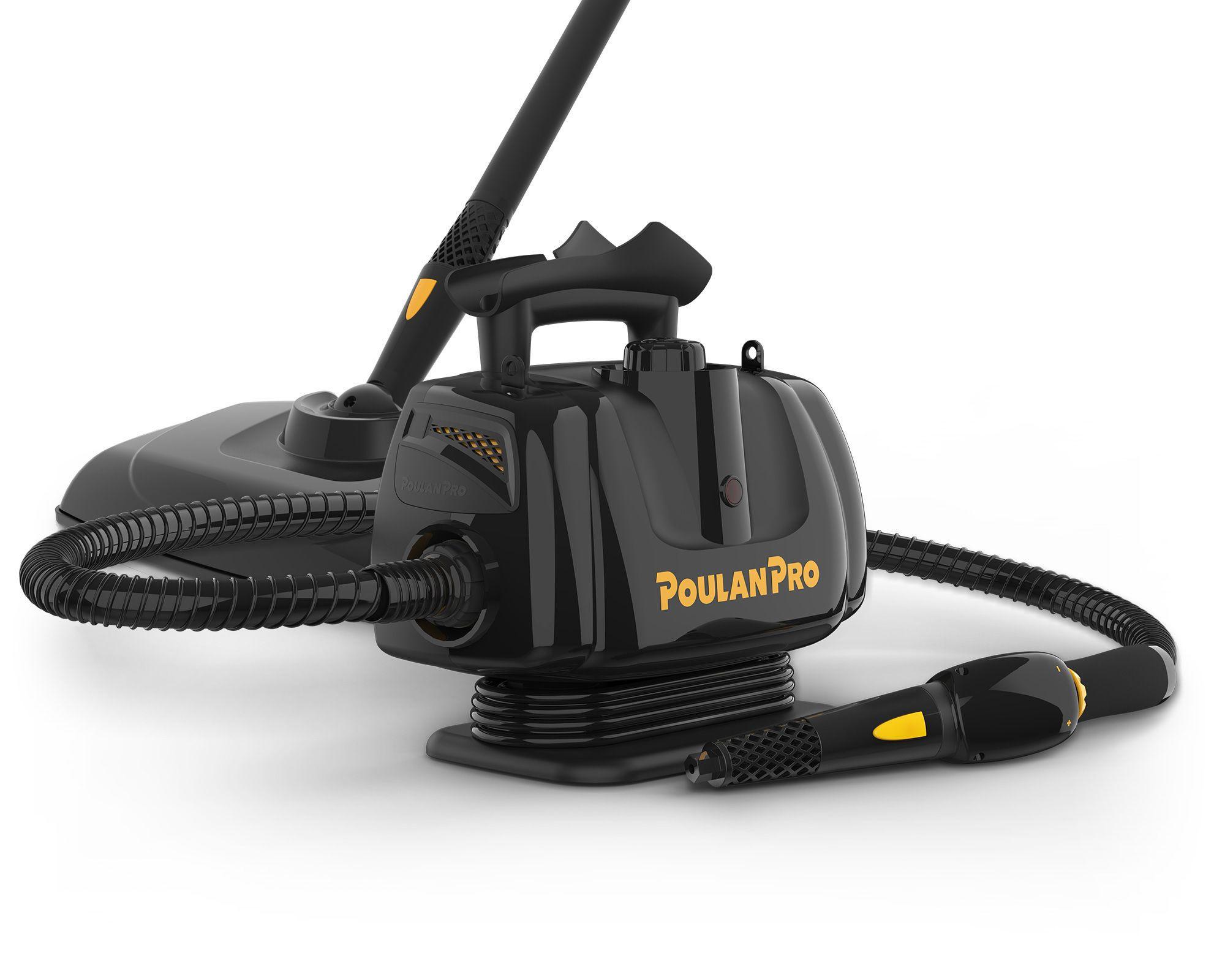 Image of the Poulan Pro PP270 with the mop head to the side and jet nozzle attached to the hose coming from the base canister. PP270 hero image with accessories for the product.