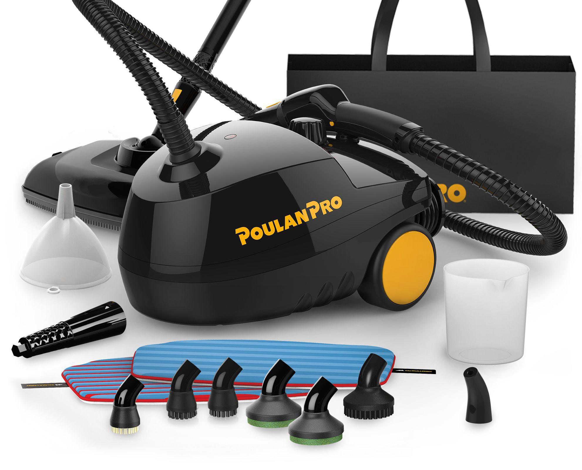 Image showing PP330 from the side and highlighting product accessories: 4 different brushes, mop head, squeegee, two different mop pads,Funnel for easy and mess free filling, measuring cup, carrying tote, insulated hose and jet nozzle.