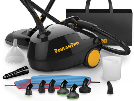 Image showing PP330 from the side and highlighting product accessories: 4 different brushes, mop head, squeegee, two different mop pads,Funnel for easy and mess free filling, measuring cup, carrying tote, insulated hose and jet nozzle.