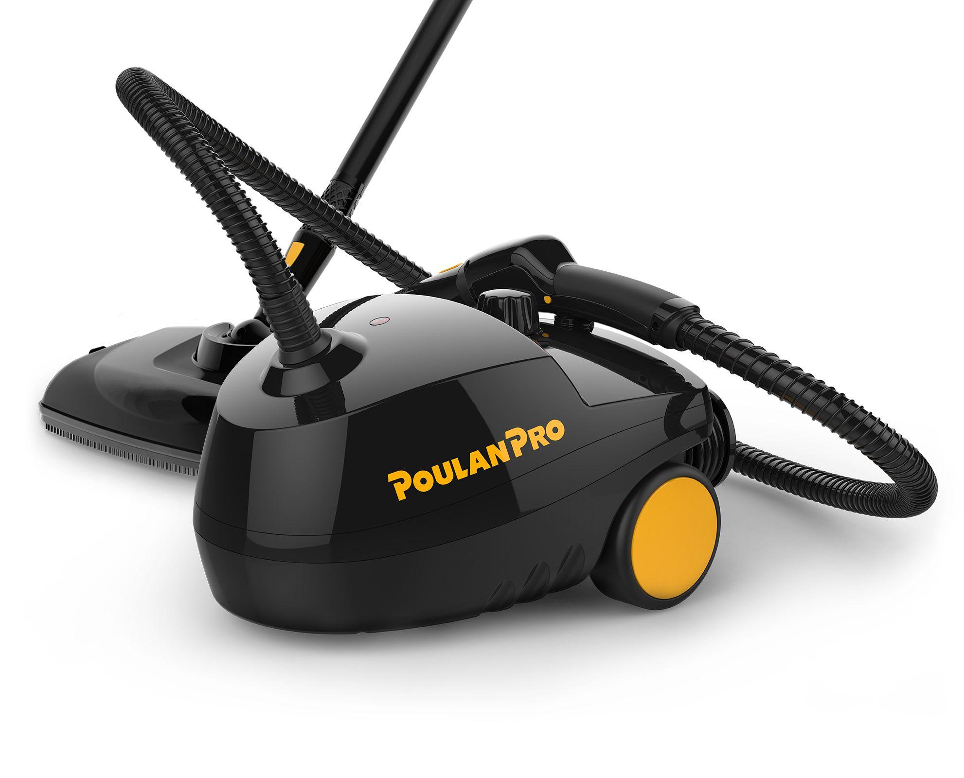 Image of the Poulan Pro PP330 with the mop head to the side and jet nozzle attached to the hose coming from the base canister. PP330 hero image with accessories for the product.
