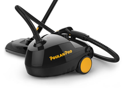 Image of the Poulan Pro PP330 with the mop head to the side and jet nozzle attached to the hose coming from the base canister. PP330 hero image with accessories for the product.