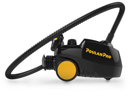 PP330 side angle showing the product features: wheels for easy transportation, insulated hose, jet nozzle, as well as filling cap.