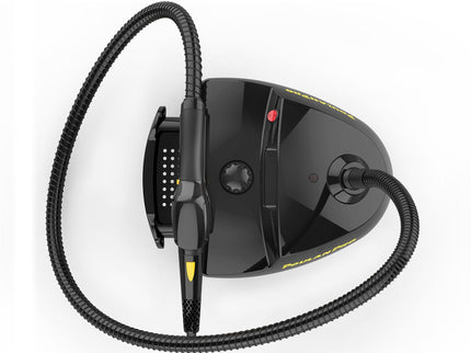 PP330 top angle showing the product features: wheels for easy transportation,  on/off switch, insulated hose, jet nozzle, and easy carrying handle.