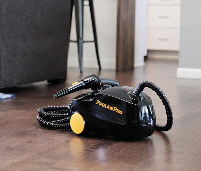 Poulan Pro PP350 side angle on hardwood floor in a living room with the jet nozzle attachment.
