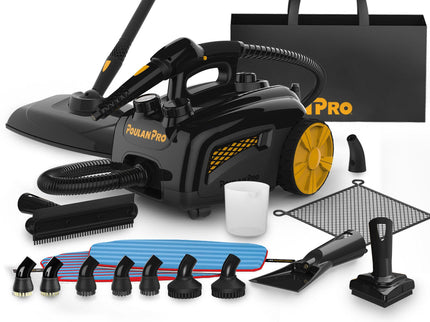Image showing PP350 from the side and highlighting product accessories: 3 different brushes, mop head, squeegee, two different mop pads, scraper, triangle  brush head, net to hold accessories, measuring cup, carrying tote, insulated hose and jet nozzle.