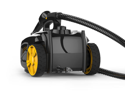 PP350 Back angle showing the product features: wheels for easy transportation, power cord, insulated hose, jet nozzle, and easy carrying handle.