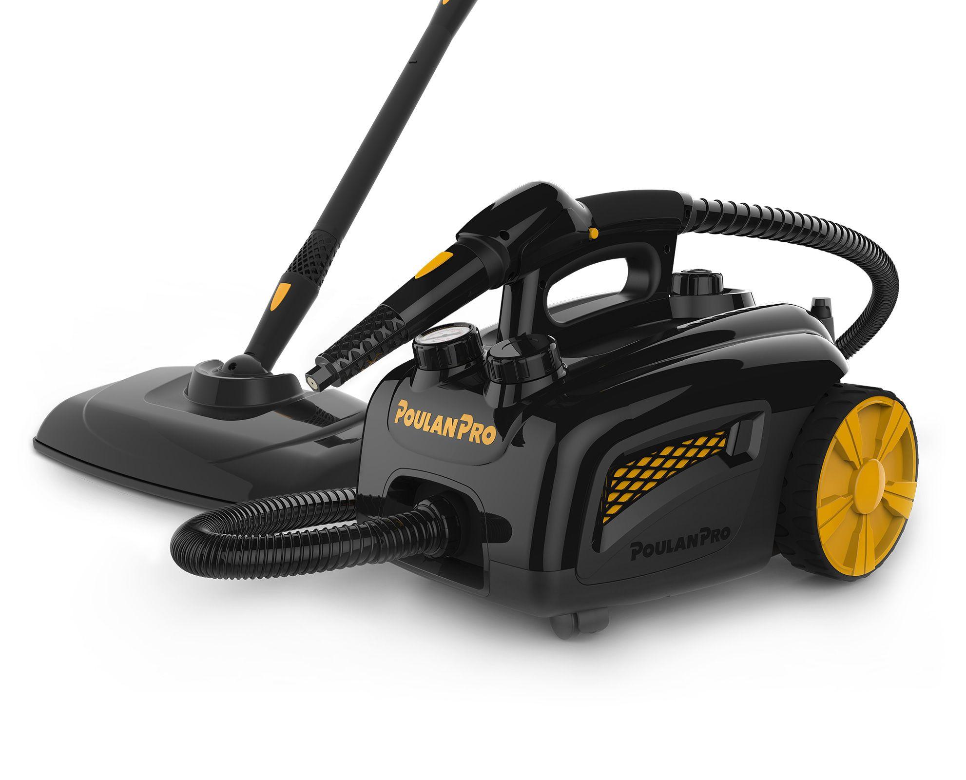 Image of the Poulan Pro PP350 with the mop head to the side and jet nozzle attached to the hose coming from the base canister. PP350 hero image with accessories for the product.