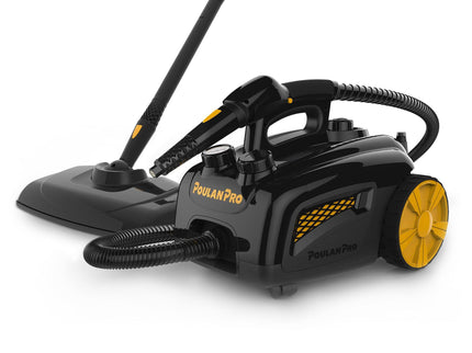 Image of the Poulan Pro PP350 with the mop head to the side and jet nozzle attached to the hose coming from the base canister. PP350 hero image with accessories for the product.