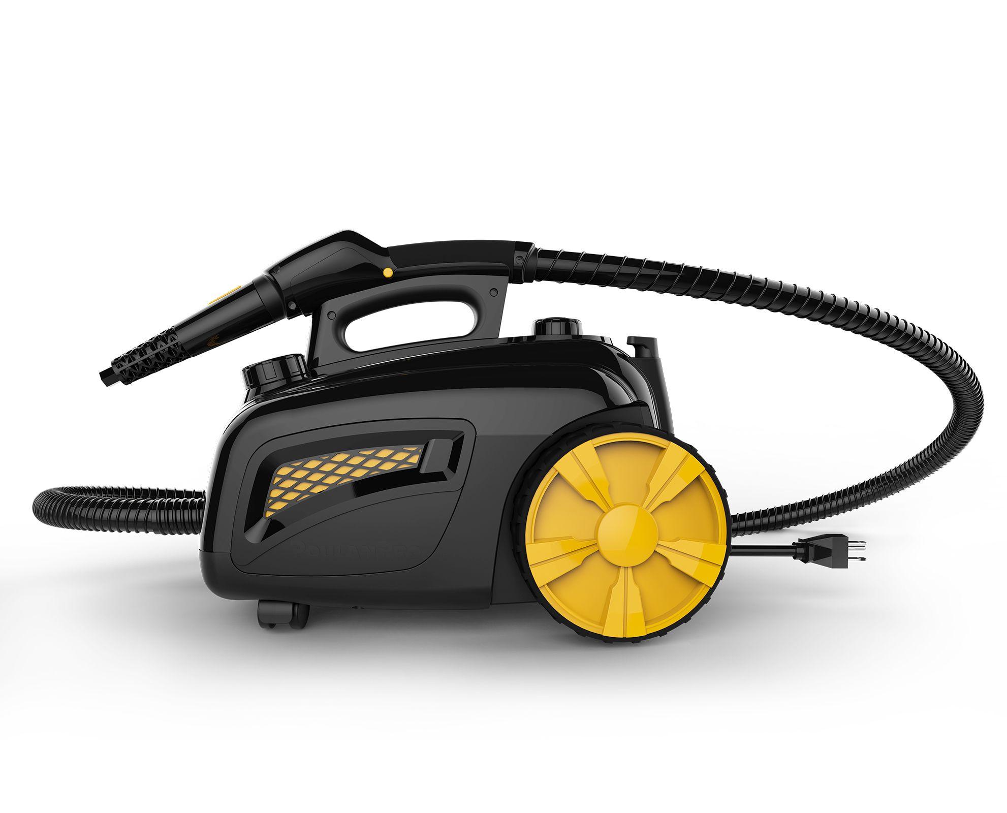 PP350 side angle showing the product features: wheels for easy transportation, power cord, insulated hose, jet nozzle, and easy carrying handle.