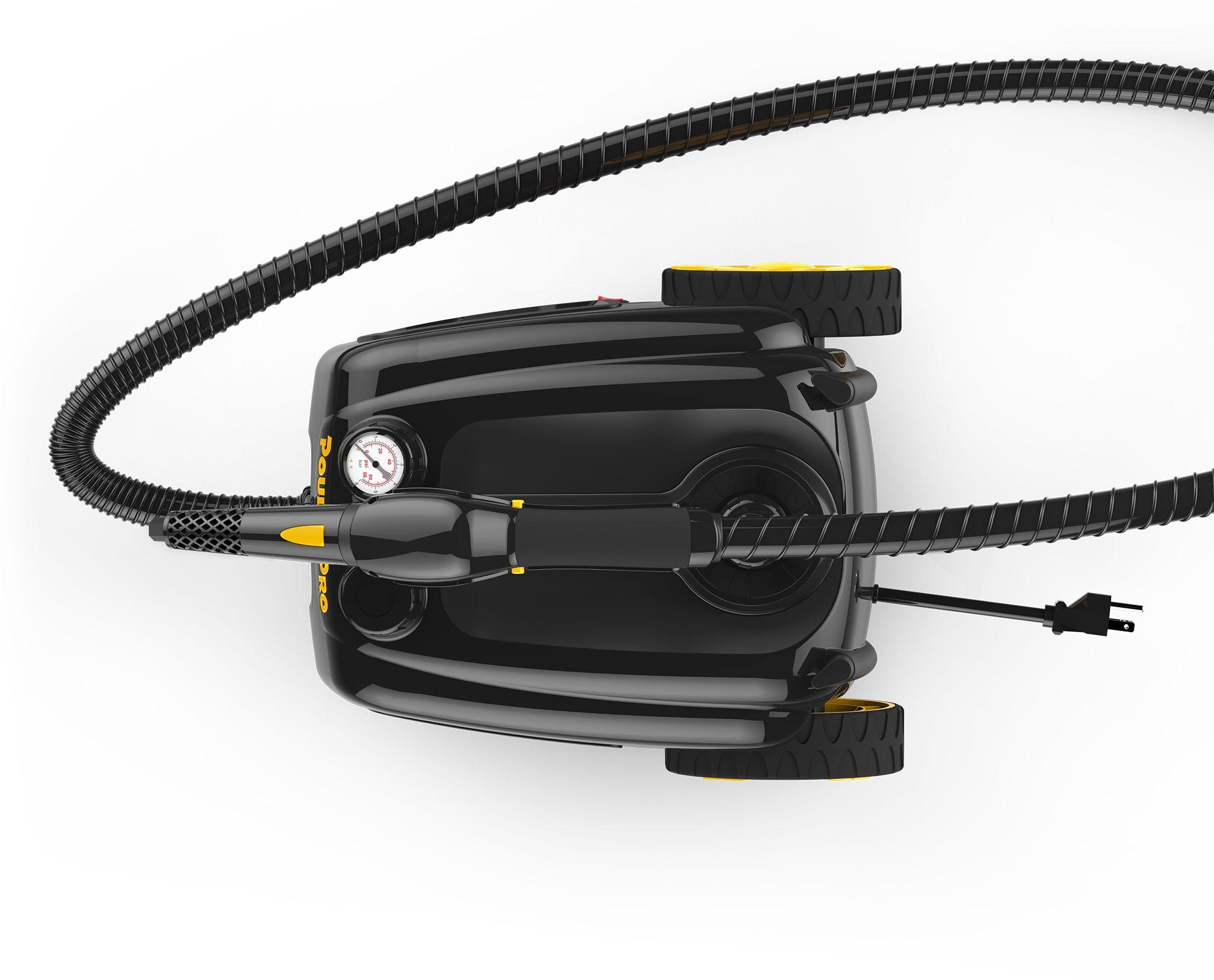 PP350 Top angle showing the product features: wheels for easy transportation, power cord, insulated hose, jet nozzle with button to disperse steam, and pressure gauge for the steam as well as he fill spot.