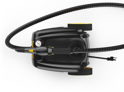 PP350 Top angle showing the product features: wheels for easy transportation, power cord, insulated hose, jet nozzle with button to disperse steam, and pressure gauge for the steam as well as he fill spot.