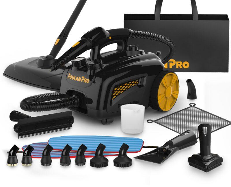 Poulan Pro PP350 Canister Steam System Accessories including a tote, nozzle, measuring cup, mop heads, mesh net, scraper, and several brush heads